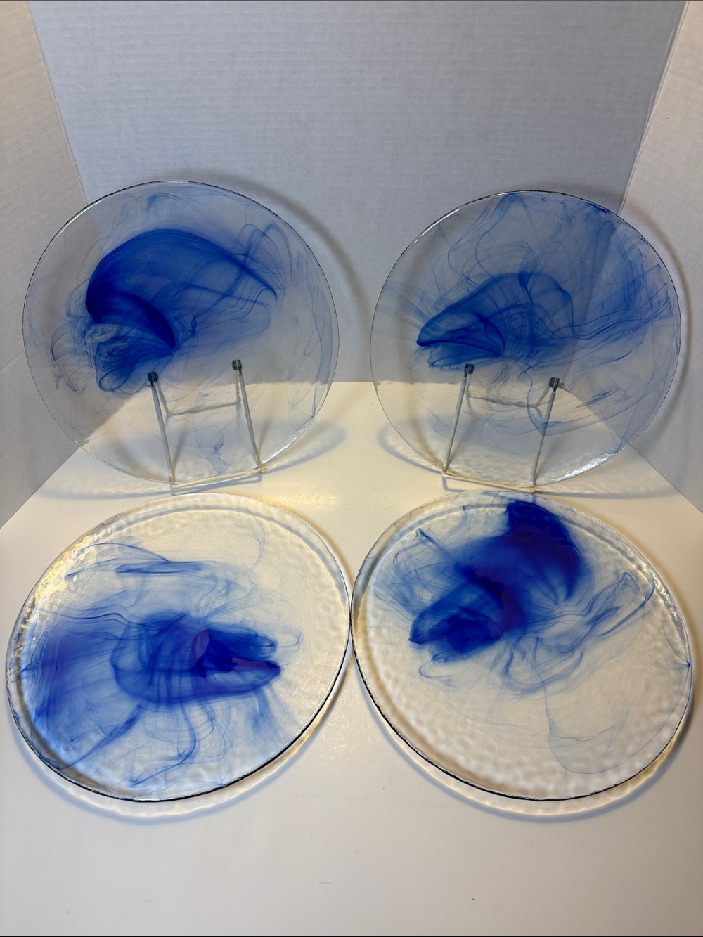 Bormioli Rocco Murano Cobalt Blue Swirl Clear Glass Dinner Plates 11” (Set Of 4)